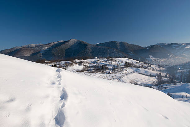 Minimalist winter landscape with human footprints crossing a snow-covered hillside, leading toward distant mountains. Clean snowy scenery with blue sky, conveying solitude, journey, freedom, exploration, and cold season nature.