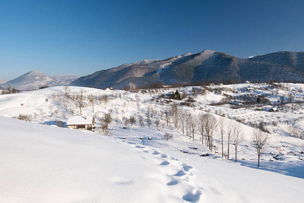 Minimalist winter landscape with human footprints crossing a snow-covered hillside, leading toward distant mountains. Clean snowy scenery with blue sky, conveying solitude, journey, freedom, exploration, and cold season nature.