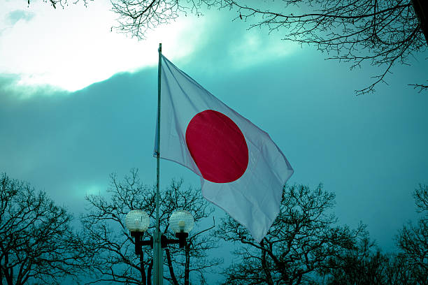 Japanese flag against moody sky.