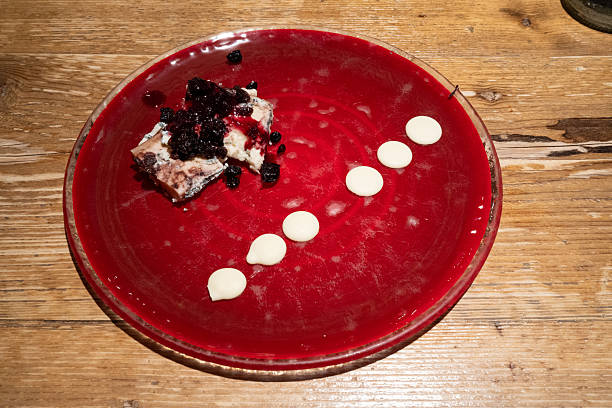Dessert served on table in restaurant with elegant plating and delicious presentation