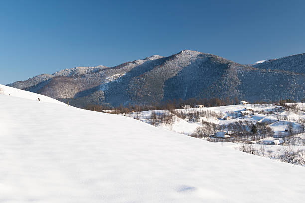 Peaceful rural winter landscape with snow covered hills, traditional haystacks, wooden fence and mountain range in the background. Scenic countryside view conveying tranquility, simplicity, sustainability, rural life and winter nature.