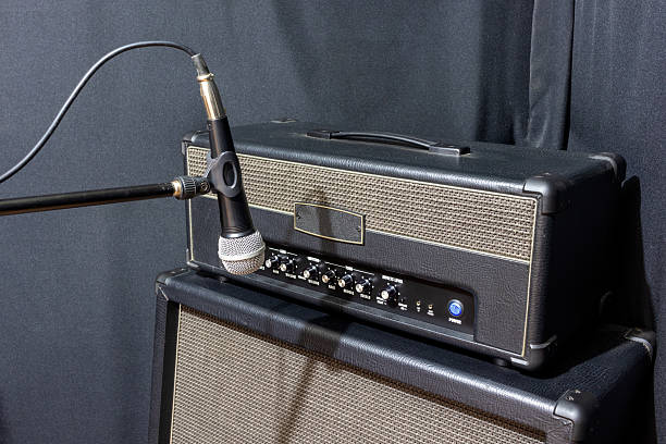 a microphone in front of a guitar amplifier