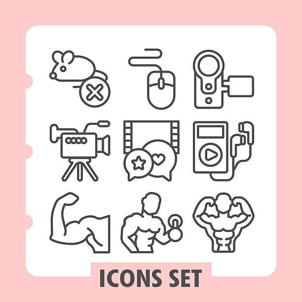 Mouse ban, video camera, muscular arm minimalist icons set depicting vintage, technology and communication items in outline style for apps and print on white background. Set of nine line icons