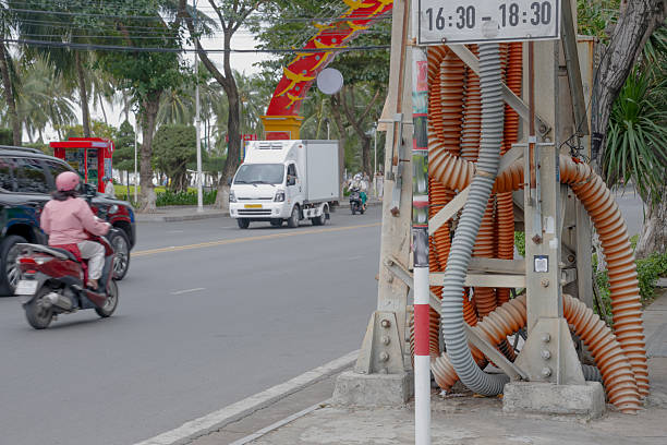Mass of electrical cables on roadside and traffic, Nha Trang
