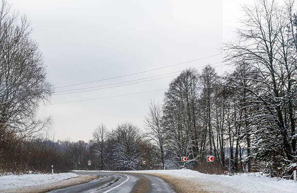A wet asphalt road curves through a winter landscape under a grey, overcast sky. Red and white directional chevron signs are visible on the right side of the curve, guiding drivers through the turn.
