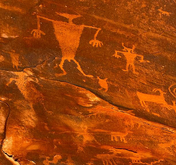 Fremont Indian rock art depicts bighorn sheets, Dodd, ,hunting scenes with weapons, and abstract objects.