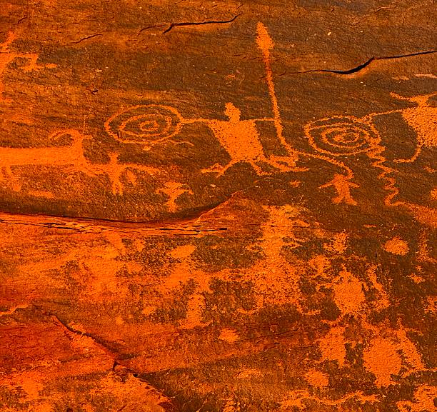 Fish Slough Petroglyphs in the Fish Slough Ecological Reserve, Inyo County, California. Volcanic tableland of Bishop Tuff. Mojave Province. Prehistoric rock carvings etched into volcanic tuff. Paiute-Shoshone people.