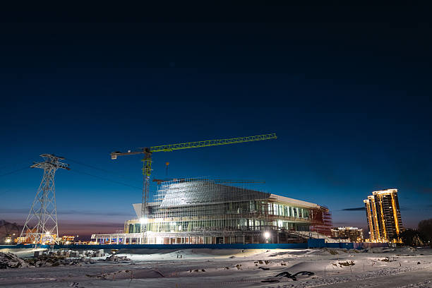 Cross-border cable car linking China and Russia, with a terminal under construction in Blagoveshchensk. Night shot in winter
