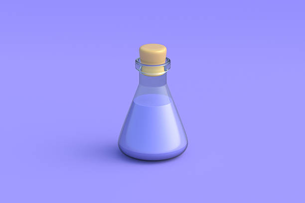 Chemistry flask with fluid on violet background. Laboratory equipment. Science glassware. 3d render