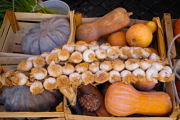 Italy Rome,  Campo de Fiori.  basket of garlic and vegetables