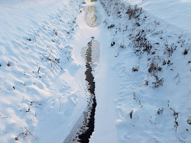 A narrow, partially frozen stream meanders through a snow-covered landscape, creating a striking dark line between white banks. The image captures the contrast between the icy water and the untouched snow, evoking a sense of solitude and cold serenity. Bare twigs and subtle footprints hint at quiet natural activity in this wintry setting.
