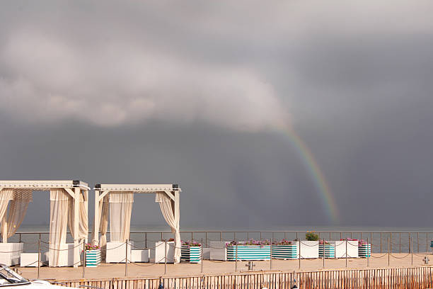 a rainbow in a cloudy sky over the sea