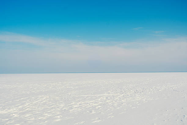 Vast salt flats stretch to the horizon under a cloudy sky. Distant mountains outline the horizon. Serene landscape evokes tranquility and isolation.
