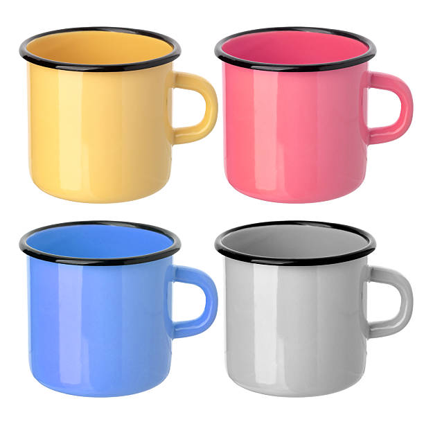 metal enameled mug, cup, insulated on a white background