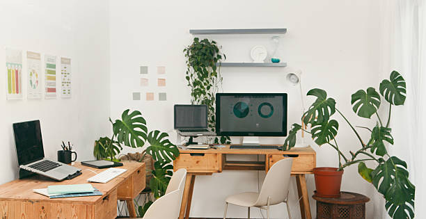 istock Bright Home Office With Greenery, Wooden Desk, Dual Monitors, and Modern Workspace 2258614406