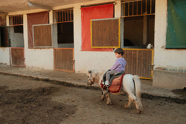 Young child experiencing horseback riding on pony at rural stable, learning to connect with animal in outdoors
