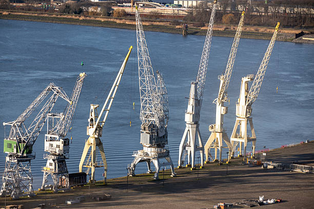 Antwerp, Belgium, January 25th 2026: View on old and historical harbor cranes at Rijnkaai Eilandje, Antwerp.