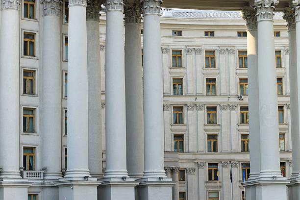 Ukrainian government building classical monumental architecture pillars facade external side concrete huge object