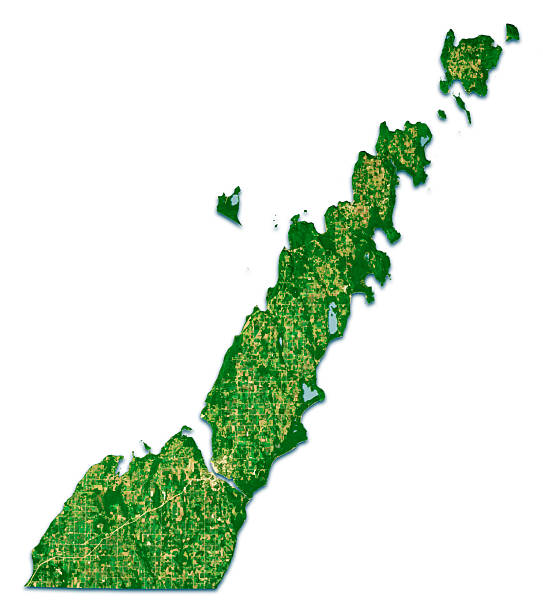 3D Render of a Satellite Topographic Map of Door County, Wisconsin, United States. Isolated on white backgroud. All source data is in the public domain.Color and Water texture: Contains modified Copernicus Sentinel data (2021) courtesy of ESA.URL of source image: https://dataspace.copernicus.eu/explore-data/data-collections/sentinel-data/sentinel-2Relief texture: 3DEP data courtesy of USGS. URL of source image:https://apps.nationalmap.gov/downloader/#/