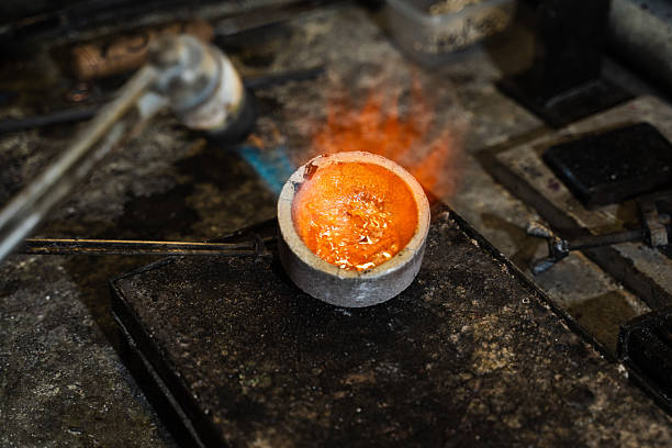 Gold metal heated by torch for jewelry making