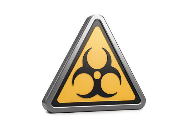 3d rendering of metallic triangular warning sign with yellow background and black biohazard symbol isolated on white background. Biological danger caution alert.