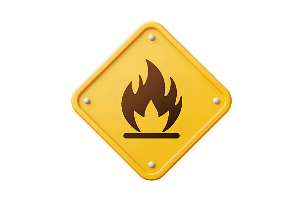 3d rendering of yellow diamond shaped warning sign with black fire flame icon isolated on white background. Hazard caution symbol for dangerous flammable materials.
