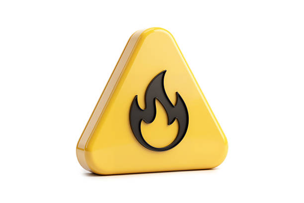 3d rendering of yellow rounded triangular warning sign with black fire flame icon isolated on white background. Modern soft 3d style hazard caution symbol.