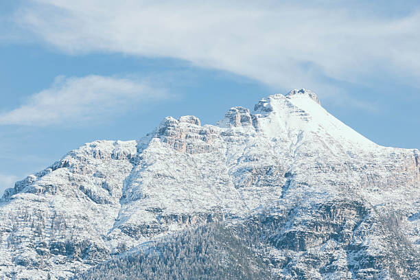 Snow-capped mountains of the Dolomites rise majestically against a blue sky