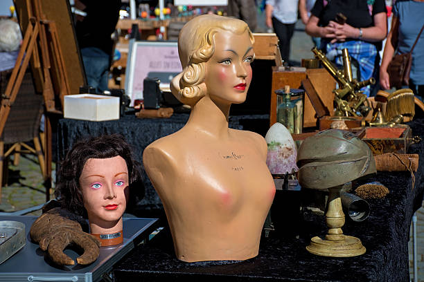 Wigs on display in a store