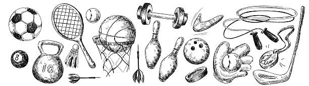 Sport equipment doodle set with vintage gym icons in hand drawn sketch style. Fitness tennis racket, basketball and soccer ball, dumbbell weights and exercise tools for healthy sports lifestyle.