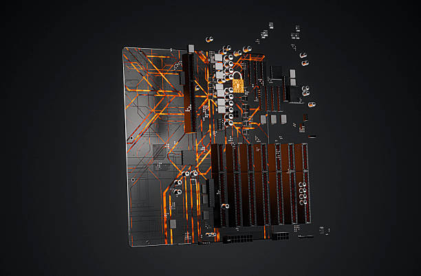 A macro view of a sleek circuit board with vibrant orange traces, dense circuitry, and modular chips. The high-tech, sci-fi aesthetic conveys innovation, digital networks, and advanced electronics engineering.