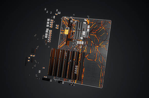 Blurred 3D rendering of complex circuitry highlighted by orange traces. Evokes modern technology, data networks, and digital connectivityideal for tech, IT, and engineering themes.