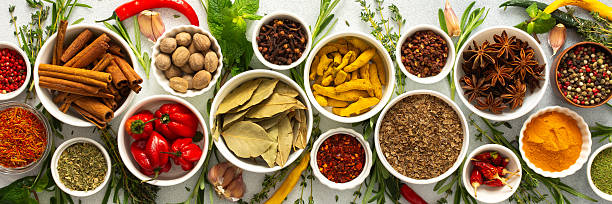 Assorted cooking spices and herbs arranged on a gray background, featuring natural tones that add depth and aroma to any meal, banner