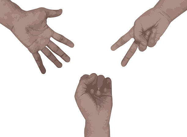 Hands sign playing rock paper scissors on white background.