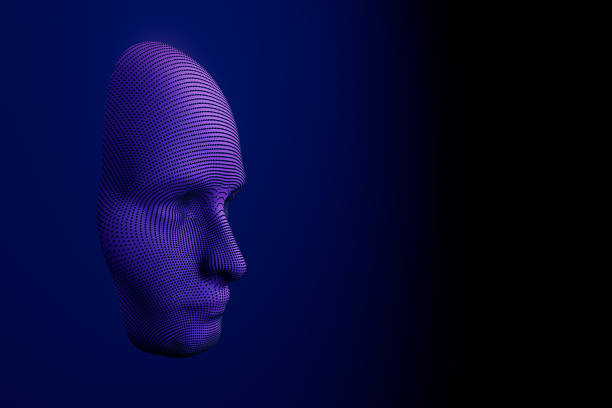 A digital head formation stands out in purple lines against a blue backdrop. The design highlights the contours and features of a human face.