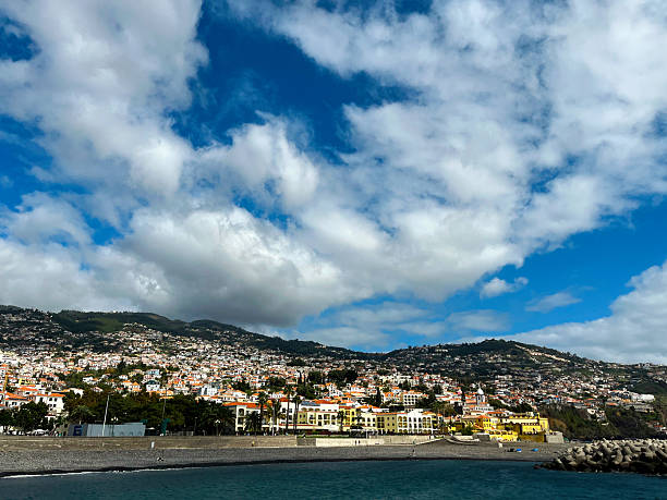 Funchal, Portugal - January 27, 2026: A view of the Funchal coastline in Madeira, Portugal, featuring a breakwater extending into the ocean. Residential buildings and steep hills rise behind the waterfront.