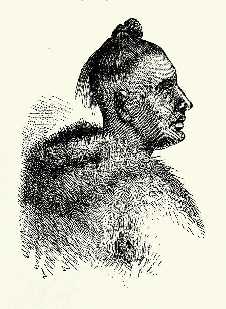 Top knot Hairstyle of an Inuit man, 19th Century Vintage illustration 1880s