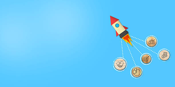 istock Rocket launching with business icons on blue background, Business Growth Concept. 2258661706