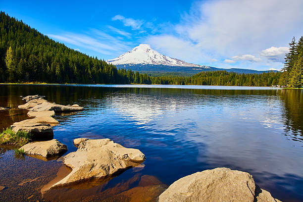 Tranquil lake with a natural rock pathway reflecting Mount Hood's snow-capped peak, surrounded by lush evergreen forests in Oregon's national forest, perfect for nature and outdoor adventure themes.