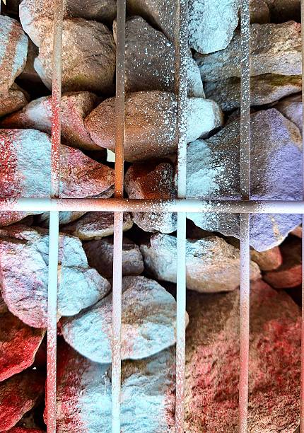 Close-up of a stone gabion wall featuring vibrant graffiti spray paint and natural climbing ivy. An artistic contrast between industrial urban textures and organic plant life.
