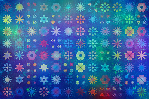 This vibrant abstract background showcases a repetitive grid of diverse floral and celestial icons set against a richly textured blue and purple canvas. The artistic blend of colors and geometric shapes creates a whimsical and creative atmosphere perfect for various digital projects.