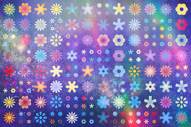 This vibrant digital artwork presents a diverse collection of stylized floral and star-shaped icons arranged across a textured purple background.