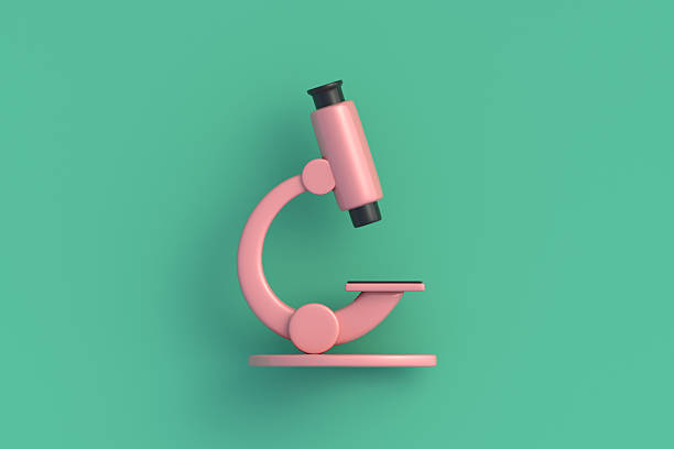 One microscope on green background. Laboratory equipment. Scientific tool. Pharmaceutical instrument. Top view. 3d render