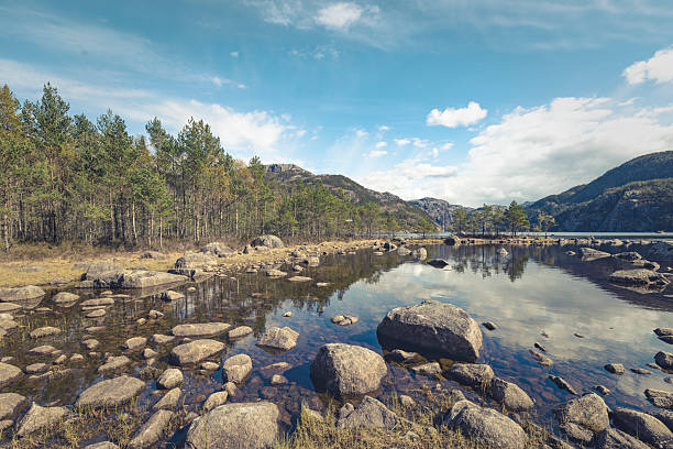 Calm lakeshore scene in Norway featuring scattered rocks in shallow water, reflections on the lake surface, and a pine forest backed by low mountains. Natural Nordic landscape captured in daylight under partly cloudy skies, illustrating tranquility and wilderness.