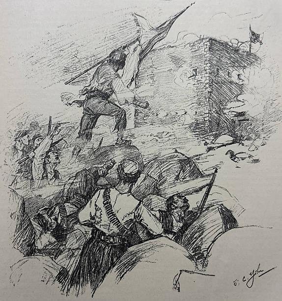 Antique illustration pre 1900 - group of military fighters from Turkey watching a man climb boulders with a flag