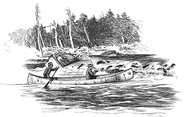 Antique illustration pre 1900 - two men in a birch canoe are fishing