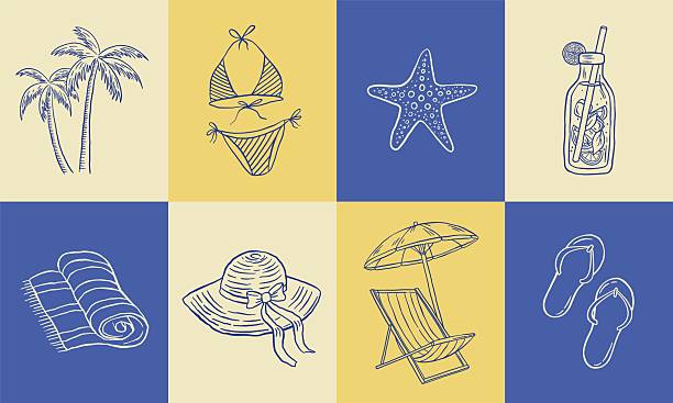 Vintage hand drawn summer beach vacation icons set with palm tree, bikini, starfish, hat, deck chair, umbrella, lemonade and flip flops. Vector illustration