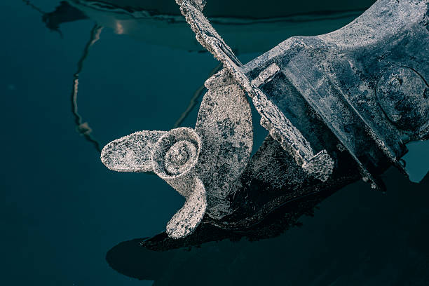 An outboard motor propeller, raised above the water and covered in a solid layer of marine growths that damage marine vehicles, destroying their components. A boat propeller ready for cleaning.
