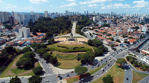 Sunset downtown Sao Paulo Brazil. Downtown district at sunset scenery. Metropolis landscape of landmark city.