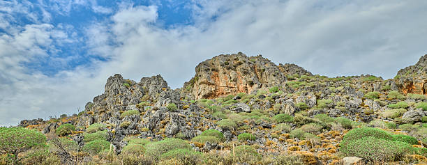 A rugged mountain landscape from Crete, Greece, featuring rocky slopes, scattered shrubs, and a dry, sunlit terrain under a bright blue sky. The scene evokes remote wilderness, natural geology, and the quiet beauty of rural Greece suitable for travel, nature, and outdoor lifestyle imagery.